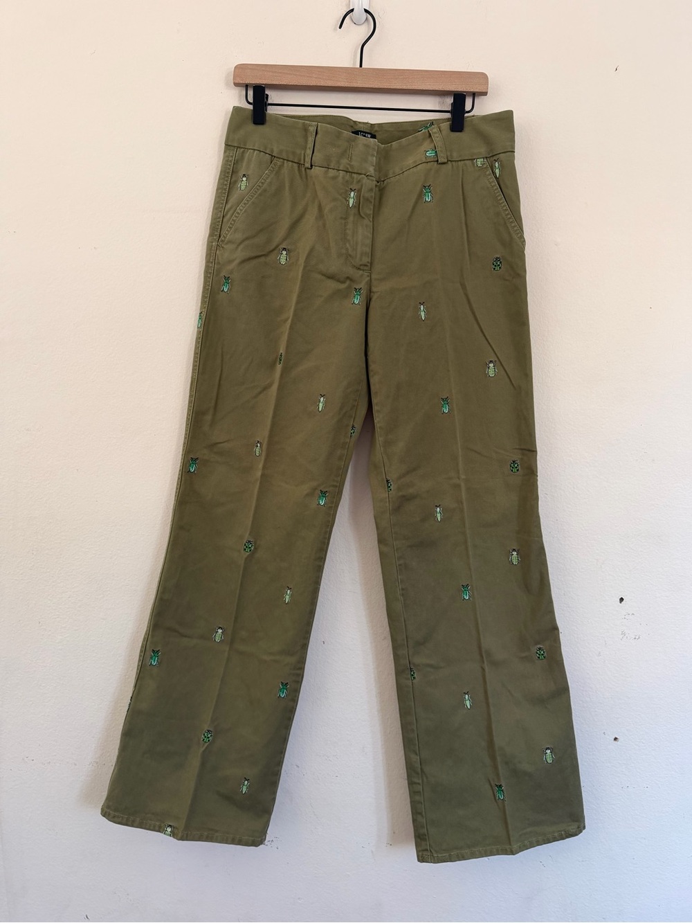 J. Crew Olive Green Straight Leg Pants with Green Embroidery